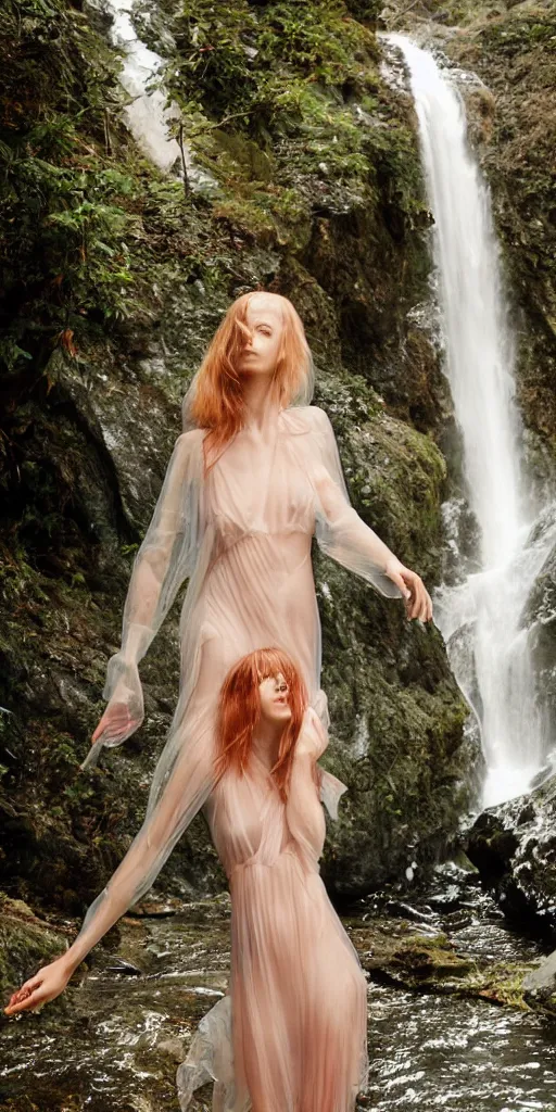 Prompt: a model wearing a translucent dress under a waterfall, natural lighting, by martine johanna