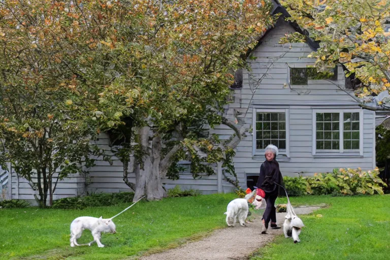 Image similar to the sour, dour, angry lady across the street is walking her three tiny white dogs on leashes. she shuffles around, looking down. she has gray hair. she is wearing a long gray cardigan and dark pants. highly detailed. green house in background. large norway maple tree in foreground. view through window.