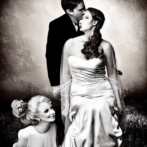 Prompt: pilot marries red headed actress, soap opera dramatization, high fashion wedding photograph, sepia tones,