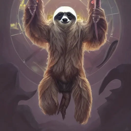 Prompt: unholy sloth, animal sloth, anthropomorphic sloth, demon, demonic robes, unholy light aura, ultra details, art by artgerm, dwayne barlowe, trending on artstation and greg rutkowski and alphonse mucha, 8 k