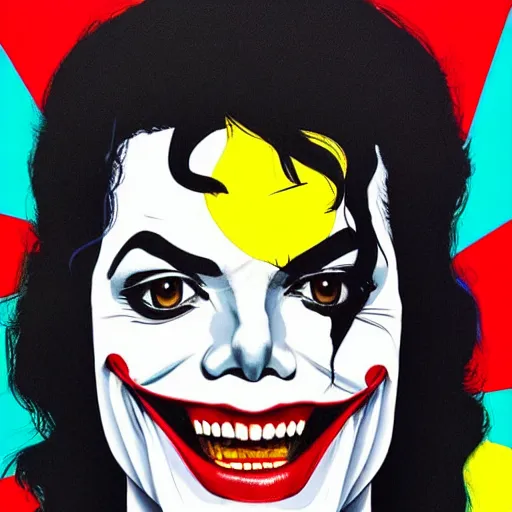 Image similar to michael jackson as the joker laugh on camera. symmetrical anatomy, hyperdetailed, coloured comic, baroque, pop art style, fantasy, without duplication, art by ilya kuvshinov and andy warhol and vinicius gud and gustavo zambelli, intricate, trending artstation, dribble popular.