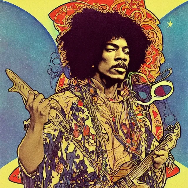 Image similar to polaroid of a vintage record cover by Franklin Booth and Edmund Dulac showing a portrait of Jimi Hendrix as a futuristic space shaman, Alphonse Mucha background, futuristic electric guitar, star map, smoke