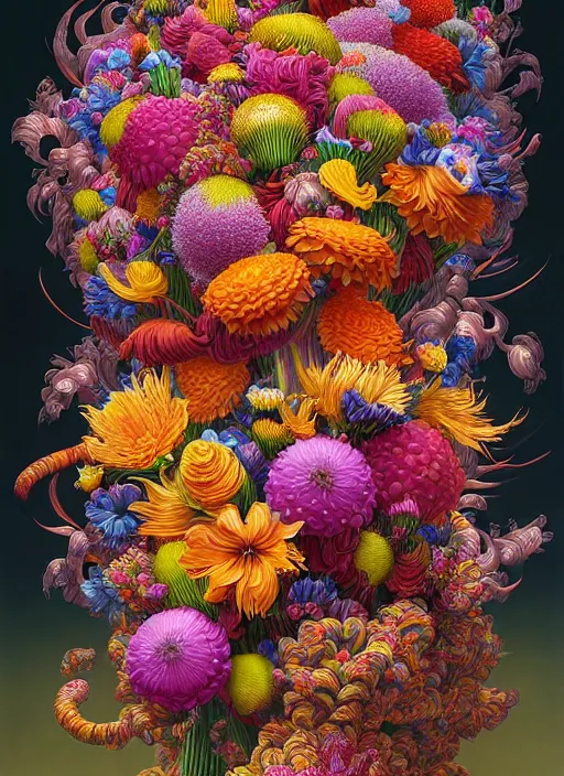 Prompt: hyper detailed illustration like a Oil painting - a vivid exotic flower bouquet, long petals, huge blossoms, by Jacek Yerka, Mariusz Lewandowski, Houdini algorithmic generative render, long brush strokes, Masterpiece, Edward Hopper and James Gilleard, Zdzislaw Beksinski, Mark Ryden, Wolfgang Lettl, hints of Yayoi Kasuma, octane render, 8k