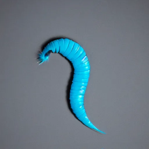 Image similar to studio photograph of a matte dark gray worm with a neon blue head and tail