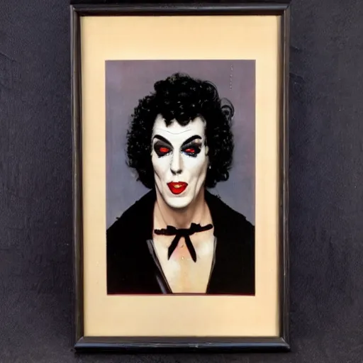 Prompt: frontal portrait of dr. frank - n - furter. a portrait by norman rockwell.