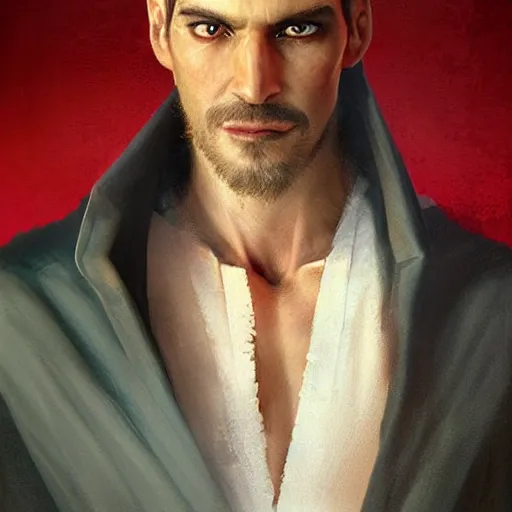 Prompt: portrait of a tall and handsome man is smiling, his face is like pure jade, his chest is bare, and he wears a red robe and his hair is disheveled, digital art painting by greg rutkowski, very attractive