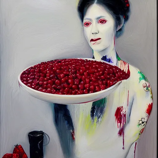 Image similar to “art in an Australian artist’s apartment, portrait of a woman wearing stained white cotton cloth, stained by fresh raspberries and strawberries and blueberries, white wax, edible flowers, Japanese pottery, Australian native white and red flowers ikebana, black walls, acrylic and spray paint and oilstick on canvas”