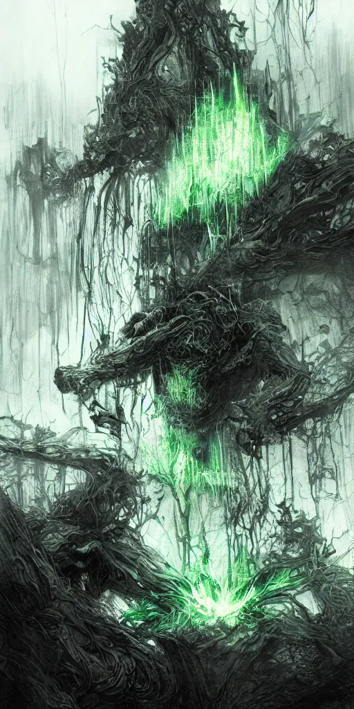 Image similar to green fire, dark colors, sinister atmosphere, dramatic lighting, cinematic, establishing shot, extremely high detail, photo realistic, cinematic lighting, pen and ink, intricate line drawings, by Yoshitaka Amano, Ruan Jia, Kentaro Miura, Artgerm, post processed, concept art, artstation, matte painting, style by eddie mendoza, raphael lacoste, alex ross,