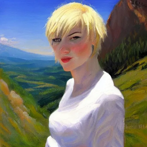 Image similar to a woman with short blonde hair poses on a mountain, oil painting,