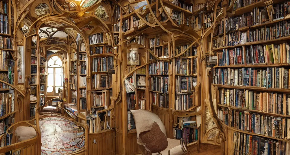 Prompt: A scene from a 2022 fantasy film featuring a cozy art nouveau reading nook inside a fantasy treehouse city. Suspended walkways. Disorganized ancient books. 8K UHD.