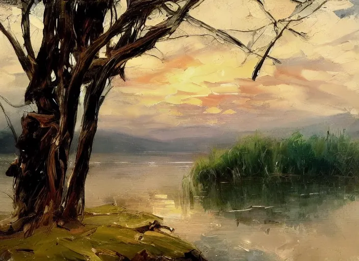 Image similar to palette knife, impasto oil painting of silent calm lake shore by cordelia wilson, thick paint brush strokes, art by anders zorn, wonderful masterpiece by greg rutkowski, beautiful cinematic light, american romanticism by greg manchess, creation by tyler edlin