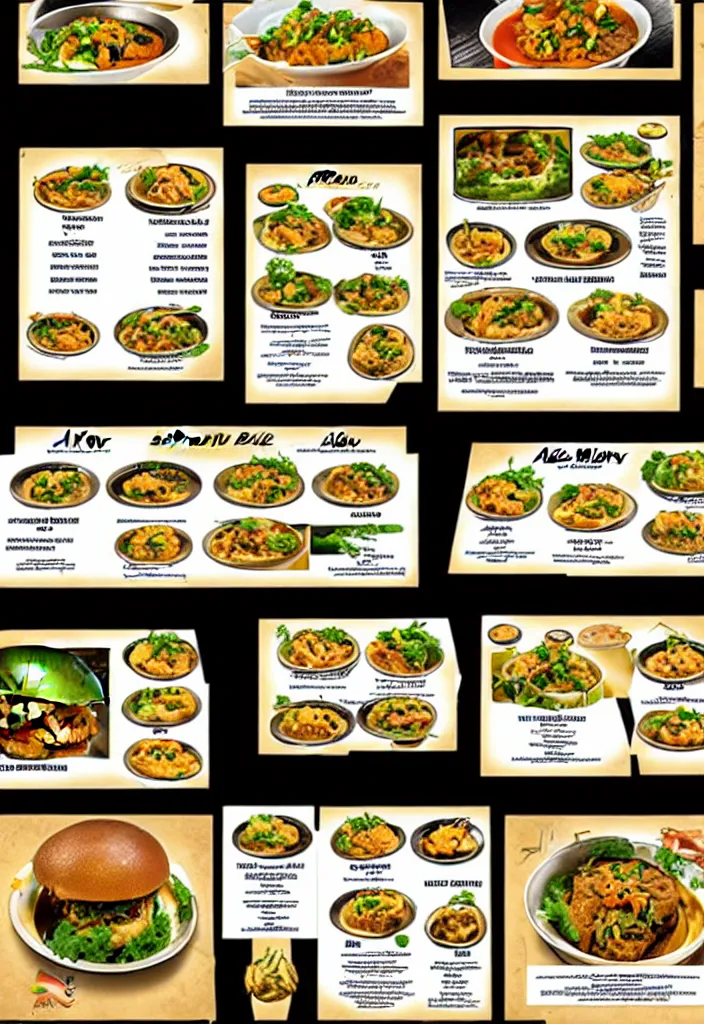 Prompt: alien restaurant's menu with pictures of offered meals, cardboard color print