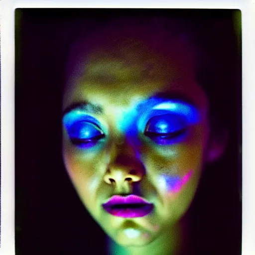 Prompt: grainy color polaroid of a beautiful feminine alien with thick black sludge seeping from her eyes, screaming while being consumed by darkness, iridescent eyes, dreamlike, intricate detail, sigma 85mm f/1.4, 4k, hd