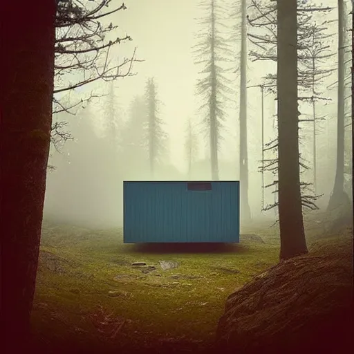 Image similar to “ swedish futuristic cabin next to the lake in the forest by simon stalenhag, misty morning, cinematic ”