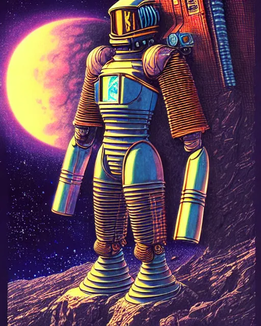 Image similar to tekkaman space knight, character portrait, portrait, close up, concept art, intricate details, highly detailed, vintage sci - fi poster, in the style of chris foss, rodger dean, moebius, michael whelan, and gustave dore