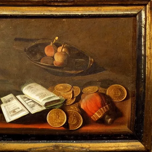 Image similar to Dutch oil painting from the 1600s, bitcoins on a table