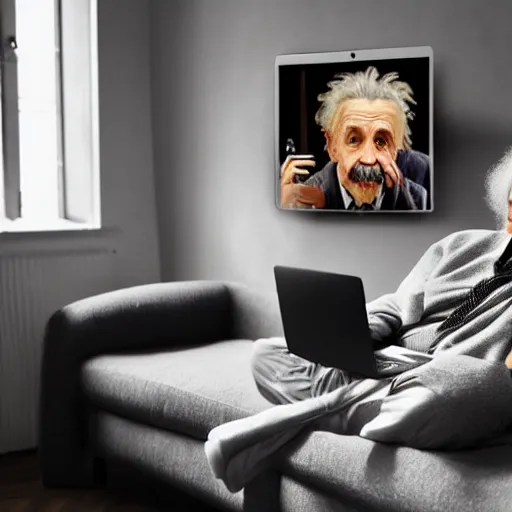 Prompt: highly detailed photorealistic full body portrait of albert einstein inside a modern living room while he is using his Apple MacBook Pro on the sofa