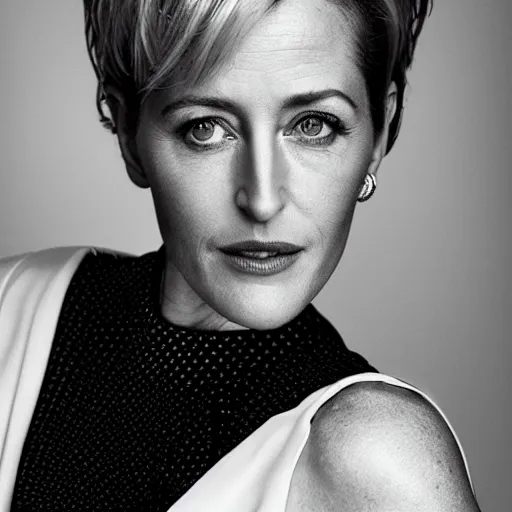 Prompt: photo of a gorgeous 50-year-old Gillian Anderson with pink pixie cut hairstyle by Mario Testino, detailed, head shot, award winning, Sony a7R -