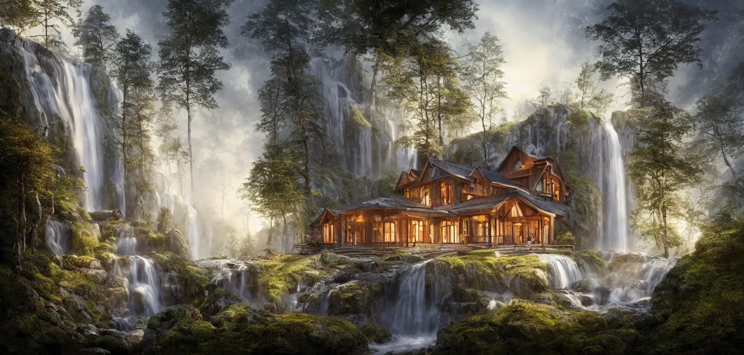 Image similar to beautiful large scandinavian house in the forest on a hill, a large waterfall flows down from the mountain in the background, vwctor art, fabulous, hyper detailed, random cinematic view, no noise, global illumination, warm lighting, volumetric, godrays, vivid, by jordan grimmer