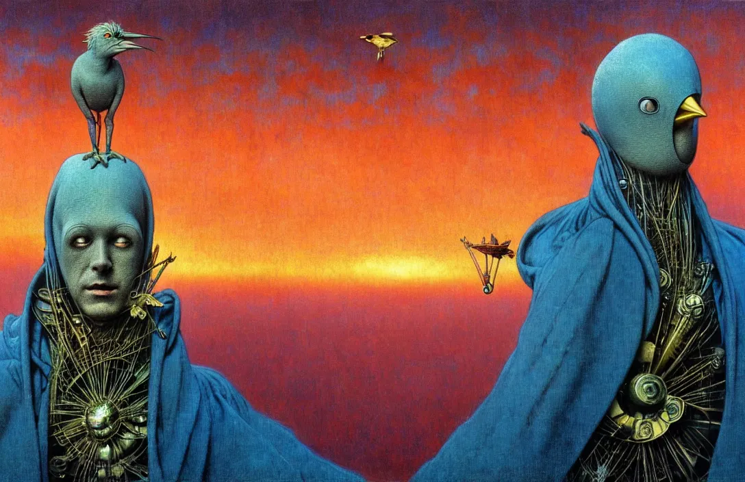 Image similar to realistic detailed portrait movie shot of a birdman wearing dark ragged robes, futuristic city sunset landscape background by denis villeneuve, amano, yves tanguy, alphonse mucha, ernst haeckel, max ernst, roger dean, masterpiece, rich moody colours, bird head, blue eyes, hyperdetailed