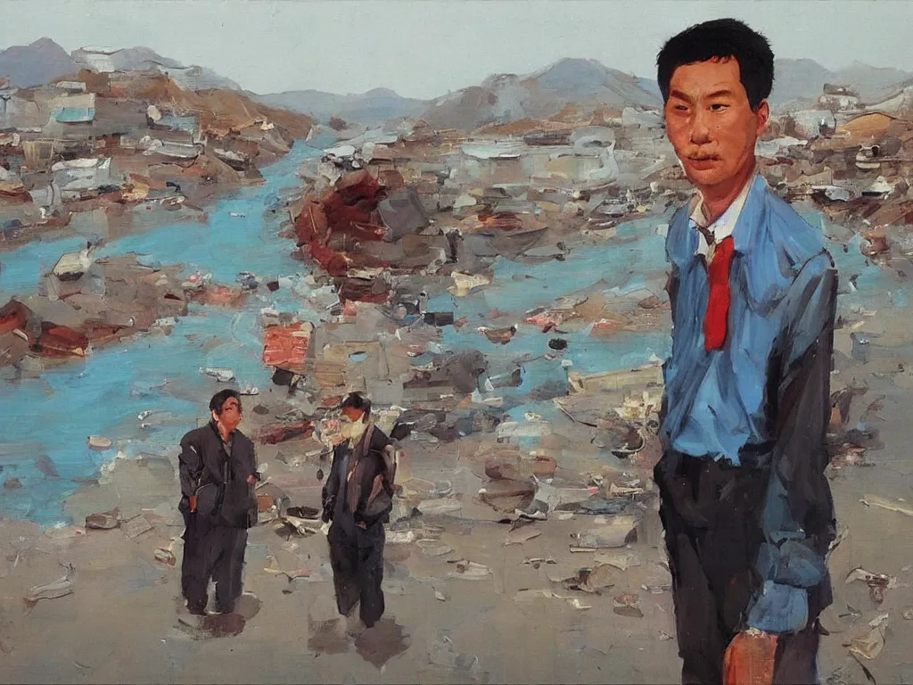 Prompt: ‘The Center of the World’ (Liu Xiaodong realist oil painting, large thick messy colorful brushstrokes, office worker with a brown and red face next to a blue river and mountains) was filmed in Beijing in April 2013 depicting a white collar office worker. A man in his early thirties – the first single-child-generation in China. Representing a new image of an idealized urban successful booming China.