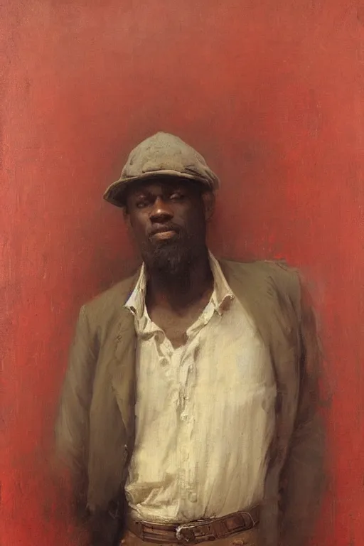 Image similar to Solomon Joseph Solomon and Richard Schmid and Jeremy Lipking victorian genre painting full length portrait painting of a young man going to work, red background