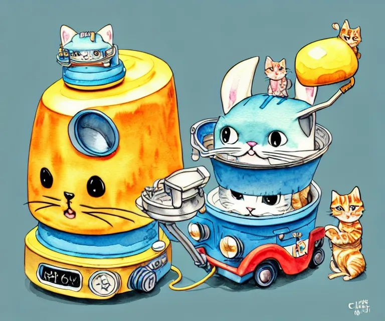 Image similar to cute and funny, kitten wearing a cookpot helmet driving a catnip truck like they stole it, ratfink style by ed roth, centered award winning watercolor pen illustration, isometric illustration by chihiro iwasaki, edited by craola, tiny details by artgerm and watercolor girl, symmetrically isometrically centered