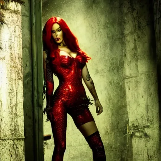 Image similar to stunning awe inspiring megan fox as poison ivy, movie still 8 k hdr atmospheric lighting