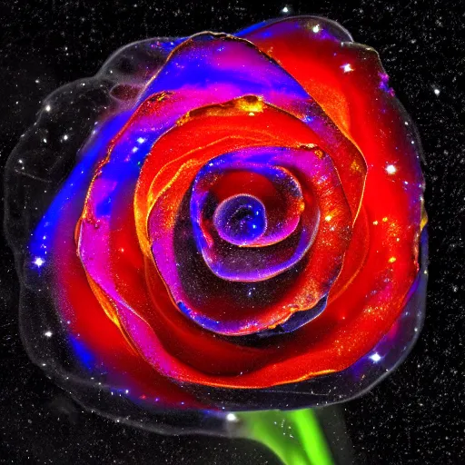 Prompt: award - winning macro of a beautiful glass rose made of molten magma and nebulae on black background by harold davis, highly detailed, inner glow, trending on deviantart and artstation, nasa space photography, national geographic