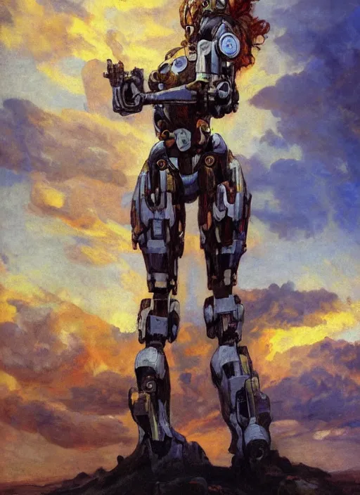 Prompt: biblical mecha slim female, dynamic pose, in clouds, sunset, big eyes, portrait by mikhail vrubel, studio lighting, muted colors, by frank frazetta, extreme detail, reflections, trending on artstation, 8 k