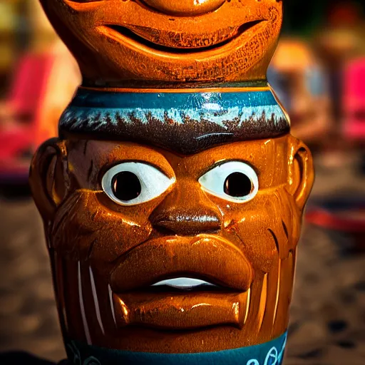 Image similar to a closeup photorealistic photograph of a glossy orange cat garfield style tiki mug sitting at a trader vic's beach bar featuring garfield's face. tiki theme. bright scene. fine detail. this 4 k hd image is trending on artstation, featured on behance, well - rendered, extra crisp, features intricate detail, epic composition and the style of unreal engine.