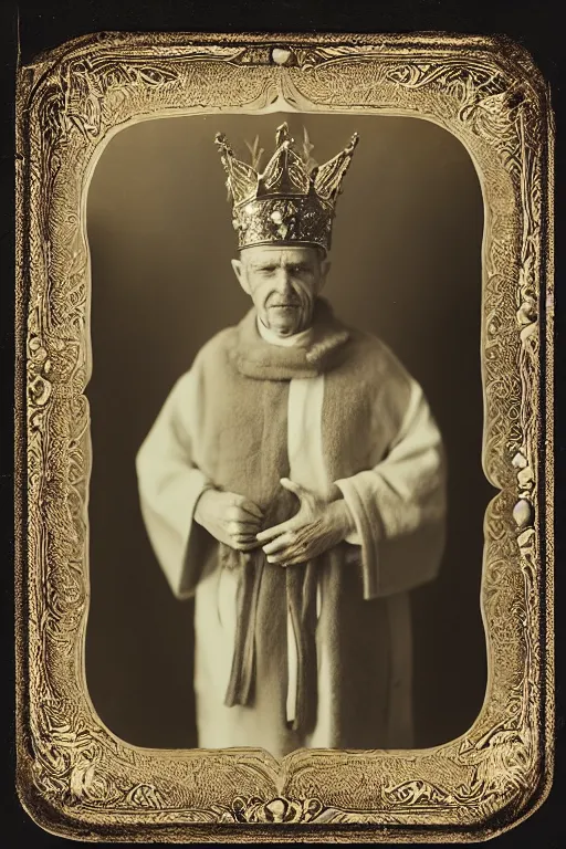 Image similar to a wet plate photo of a ferret priest, wearing a crown, wearing a robe