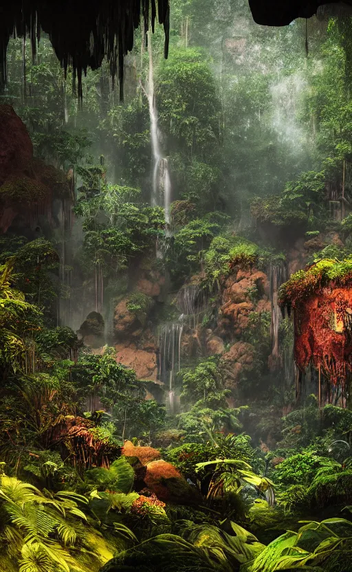 Image similar to a beautiful render of a dark prehistoric rainforest in a humongous cave, lush flora, patches of yellowish - red - magenta sky, sunset lighting, fireflies, floating mountains and a waterfall in the background, intricate detail, hazy, humid, volumetric lighting, god rays, 8 k, photorealistic, raytracing effects, unreal engine 5