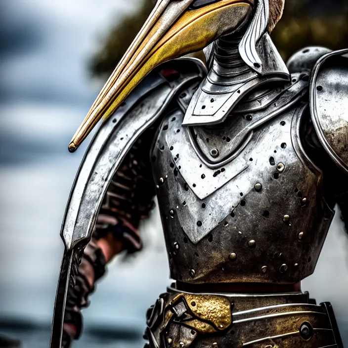 Image similar to photo of a warrior with metal pelican themed armour, highly detailed, 4 k, hdr, smooth, sharp focus, high resolution, award - winning photo