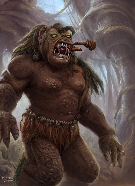Image similar to , brown orc with tusks, detailed eyes, cute, fantasy, intricate, highly detailed, digital painting, 4k, HDR, concept art, smooth, sharp focus, illustration, by Wayne Reynolds