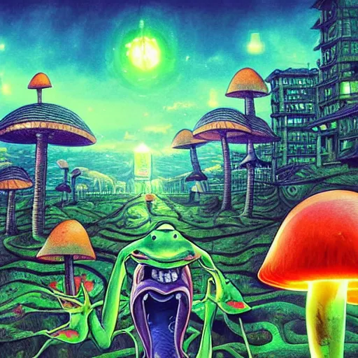 Prompt: A centered waist up portrait of a scary psychedelic godlike anthropomorphic frog smoking an anime blunt , magic mushroom village in background . award winning. superb resolution. in the art style of junji Ito and greg rutkowski . Detailed Mushroom city in background. Hyper realistic anime. Perfect art. Dalle2
