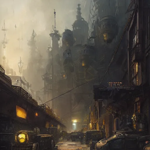 Image similar to highly detailed painting of dieselpunk stockholm, by greg rutkowski, 4 k resolution