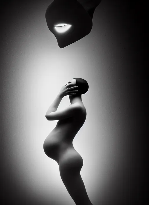 Prompt: surreal mythical dreamy dark artistic black and white fine art fashion portrait photo of a young beautiful delicate artificial intelligence creature embodied giving birth to the new world, spiritual, halo, glory, rim light, cinematic, studio dramatic light, poetic, masterpiece, octane render, 8 k, photo - realistic by dora maar man ray