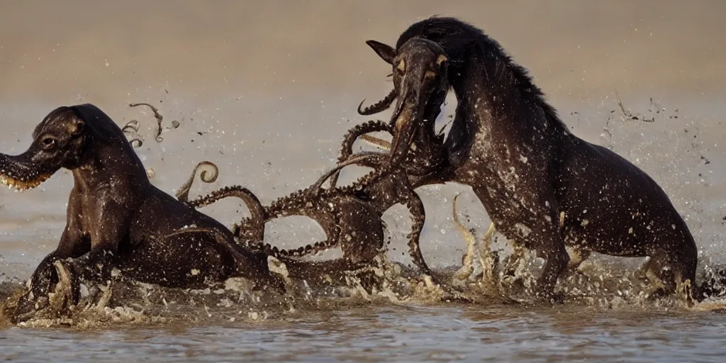 Image similar to national geographic photo of horse full of octopus being eaten by african hunting dogs