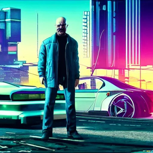 Image similar to walter white from breaking bad in cyberpunk 2 0 7 7 with futuristic city, 4 k, hyper realistic, synthwave, vapor wave, futuristic, advanced