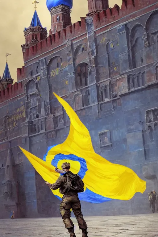 Image similar to special forces soldier installin ukrainian blue and yellow flag on red square kremlin, masculine figure, d & d, fantasy, bright atmosphere, volumetric lights, intricate, elegant, extremely detailed, digital painting, artstation, concept art, matte, smooth, sharp focus, hyper realistic, illustration, art by artgerm and greg rutkowski and alphonse mucha