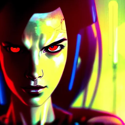 Image similar to cyberpunk movie still from the animatrix in the style of gal gadot by agnes cecile : : small female android cyborg - angel, glowing red left eye and glowing blue right eye : : cinematic lighting, advanced digital cyberpunk art