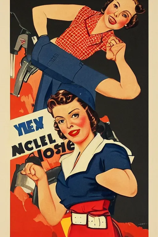 Image similar to 1 9 4 0 s poster of rachel bloom as rosie the riveter, style of norman rockwell, high quality, sharp detail