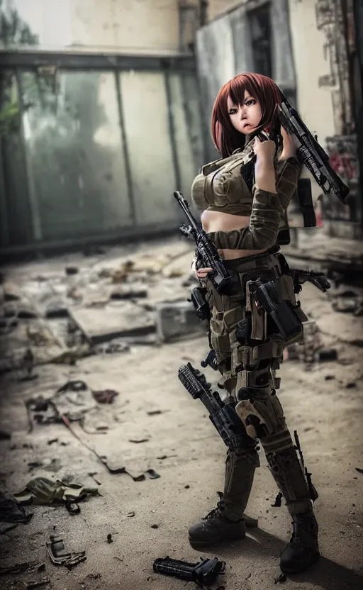 Prompt: an escalating violent firefight, highly detailed, high resolution, cosplay photo, stunning, girls frontline style, bokeh soft, 100mm, trending on instagram, by professional photographer, featuring shishiro botan, realistic human anatomy, real human face, realistic military carrier, modern warfare, realistic weapon, shot with a arriflex 35 ii, low saturation, small human eyes, running pose