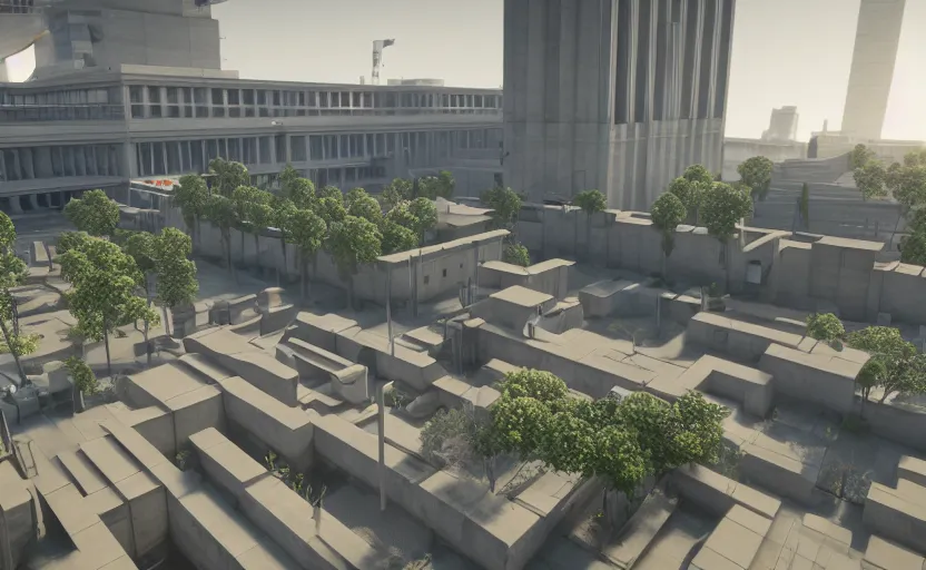 Image similar to screenshot of game on unreal engine 5, a large government building with a security checkpoint, no windows, garden terraces, inner city, photorealistic, retrofuturism, brutalism, minimalist, soft vintage glow