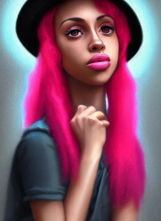 Image similar to portrait of teenage vanessa morgan with bright pink hair, black girl, vanessa morgan, curly pixie cut hair, wearing newsboy cap, newsboy cap, hoop earrings, intricate, elegant, glowing lights, highly detailed, digital painting, artstation, concept art, smooth, sharp focus, illustration, art by wlop, mars ravelo and greg rutkowski