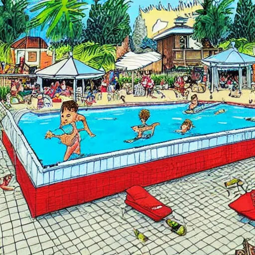 Image similar to where's wally book page highly detailed, swimming pool setting