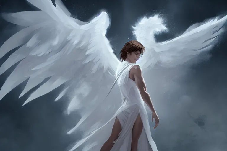 Prompt: a white angel with feathered wings open, digital art in the style of Greg Rutkowski and Craig Mullins, 4k