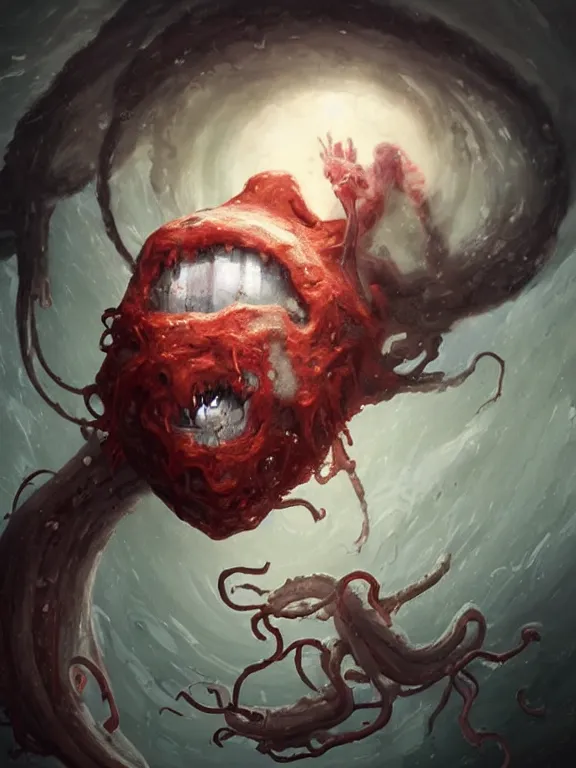 Image similar to painting by greg rutkowski of a flying sorrowful looking human head with tears running down it's eyes, face that is chalk white in color, with long sprawling white tentacles stemming down it's neck, fiery scorching red eyes, flying in a terrying hellish dark cavernous place, minecraft ghast