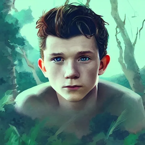 Prompt: Tom Holland as the lost boy from neverland,green eyes,blue shirt,detailed, 8k hd,by rossdraws and greg rutkowski,in the style of a Instagram profile picture